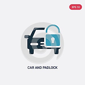 Two color car and padlock vector icon from mechanicons concept. isolated blue car and padlock vector sign symbol can be use for