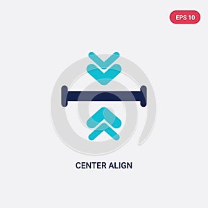 Two color center align vector icon from arrows 2 concept. isolated blue center align vector sign symbol can be use for web, mobile