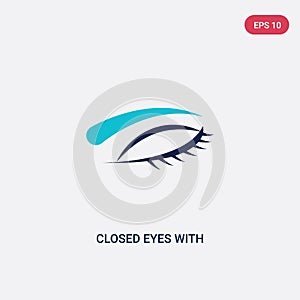 Two color closed eyes with lashes and brows vector icon from human body parts concept. isolated blue closed eyes with lashes and