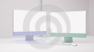 Two color computer monitor blank screen mockup on white for ui ux web and app concept in 3D rendering