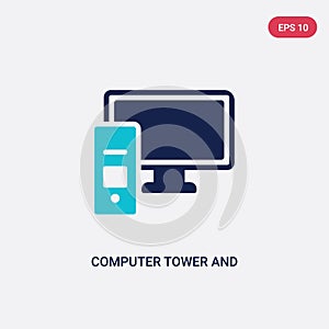 Two color computer tower and monitor vector icon from computer concept. isolated blue computer tower and monitor vector sign