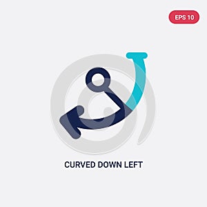 Two color curved down left arrow vector icon from arrows concept. isolated blue curved down left arrow vector sign symbol can be