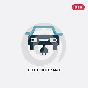 Two color electric car and plug vector icon from mechanicons concept. isolated blue electric car and plug vector sign symbol can