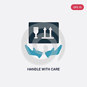 Two color handle with care vector icon from shapes concept. isolated blue handle with care vector sign symbol can be use for web,