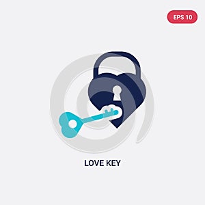 Two color love key vector icon from birthday party and wedding concept. isolated blue love key vector sign symbol can be use for