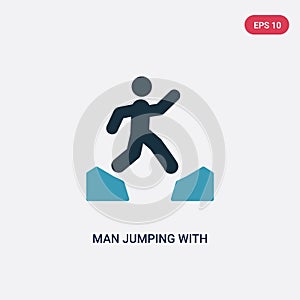 Two color man jumping with opened legs vector icon from sports concept. isolated blue man jumping with opened legs vector sign