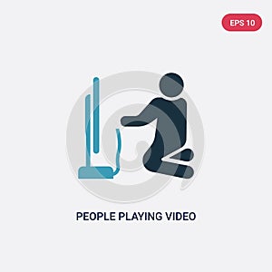 Two color people playing video game vector icon from recreational games concept. isolated blue people playing video game vector