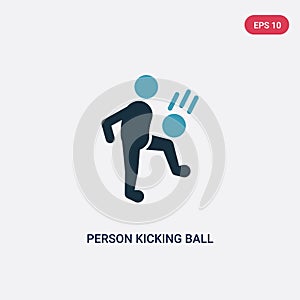 Two color person kicking ball with the knee vector icon from sports concept. isolated blue person kicking ball with the knee