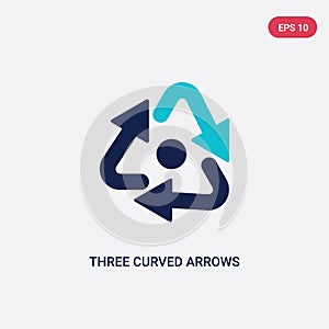Two color three curved arrows vector icon from arrows concept. isolated blue three curved arrows vector sign symbol can be use for