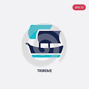 Two color trireme vector icon from greece concept. isolated blue trireme vector sign symbol can be use for web, mobile and logo.
