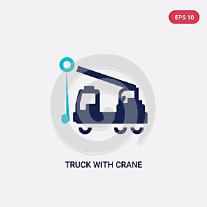 Two color truck with crane vector icon from construction concept. isolated blue truck with crane vector sign symbol can be use for