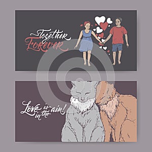 Two color Valentine romantic banners with two cats, boy and girl holding hands and brush lettering.