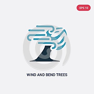 Two color wind and bend trees vector icon from meteorology concept. isolated blue wind and bend trees vector sign symbol can be