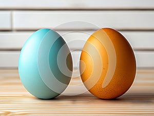 Two colored eggs sitting next to each other on a wooden table