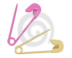 Two colored opened safety pins, golden and pink. Vector isolated illustration.