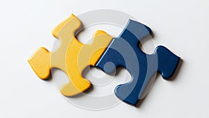 Two colored puzzle pieces, blue and yellow, are set against a white background