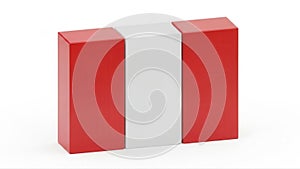 Two colored rectangular blocks standing side by side on a plain surface