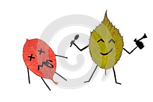 Two colorful autumn leaves with face emotions. Black marker on the red and green leaves