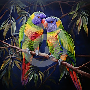 Two colorful birds on a branch