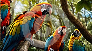 Two colorful birds perched on tree branch. Generative AI