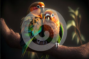 two colorful birds sitting on a branch together with a dark background and green leaves in the background