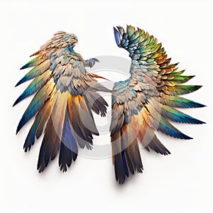 two colorful birds with wings spread out on a white background, one of them is facing the other way, and the other is facing away