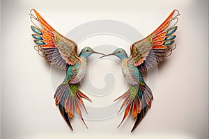 two colorful birds with wings touching each other\'s beaks on a white background with a white background behind them and a w