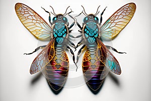 two colorful bugs are sitting on a white surface together, one is blue and the other is yellow and the other is red and yel photo
