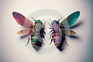 two colorful bugs are sitting on a white surface together, one is facing the other way and the other is facing the oppos