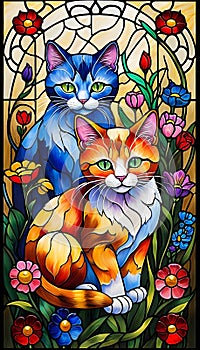Two colorful cats and flowers
