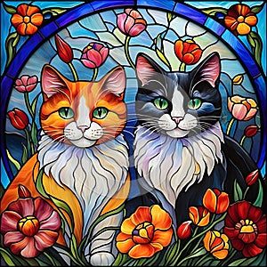 Two colorful cats and flowers