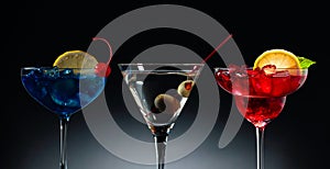 Two colorful cocktails and dry martini with green olives