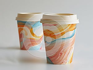 Two colorful coffee cups with paper lids