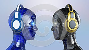 Two colorful disco girl-robot heads with shining eyes in big headphones facing each other,