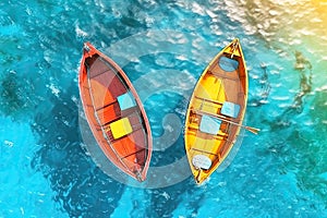 Two Colorful Fishing Boats Floating on Turquoise Water Ocean Top View