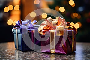 two colorful gift boxes sitting on a table in front of a christmas tree
