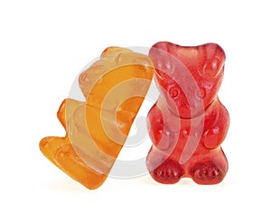 Two colorful gummy bears isolated on white background. Jelly bears