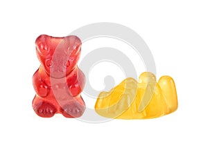 Two colorful gummy bears isolated on white background. Jelly bears