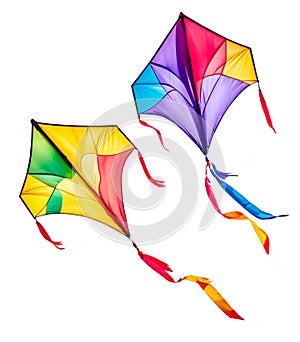 Two colorful kites flying with waving ribbons, isolated on white