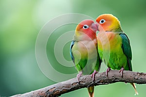Two colorful lovebirds affectionately touching beaks, symbolizing companionship, love. Birds, set against soft green backdrop, photo