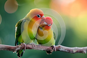 Two colorful lovebirds affectionately touching beaks, symbolizing companionship, love. Birds, set against soft green backdrop, photo