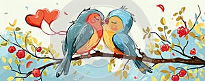 Two Colorful Lovebirds Perched on a Blossoming Branch Against a Pastel Sky