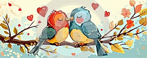 Two Colorful Lovebirds Perched on a Blossoming Branch Against a Pastel Sky