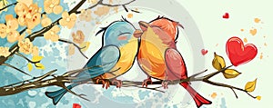 Two Colorful Lovebirds Perched on a Blossoming Branch Against a Pastel Sky