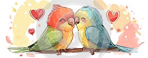 Two Colorful Lovebirds Perched Together With Illustrated Hearts Around