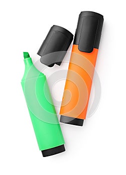 Two colorful markers isolated on white, top view