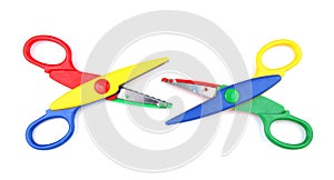 Two colorful open scissors