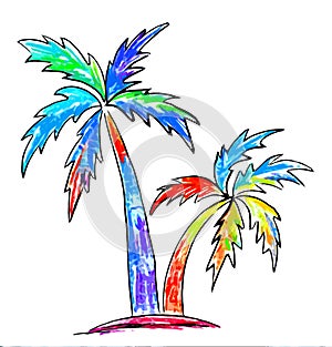 Two colorful palm trees on a white background