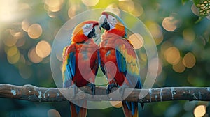 Two Colorful Parrots Perched on Tree Branch