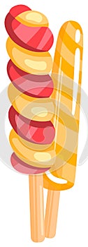 Two colorful popsicles, one twirled red and cream, other orange with stripes. Summer treats, refreshing dessert vector